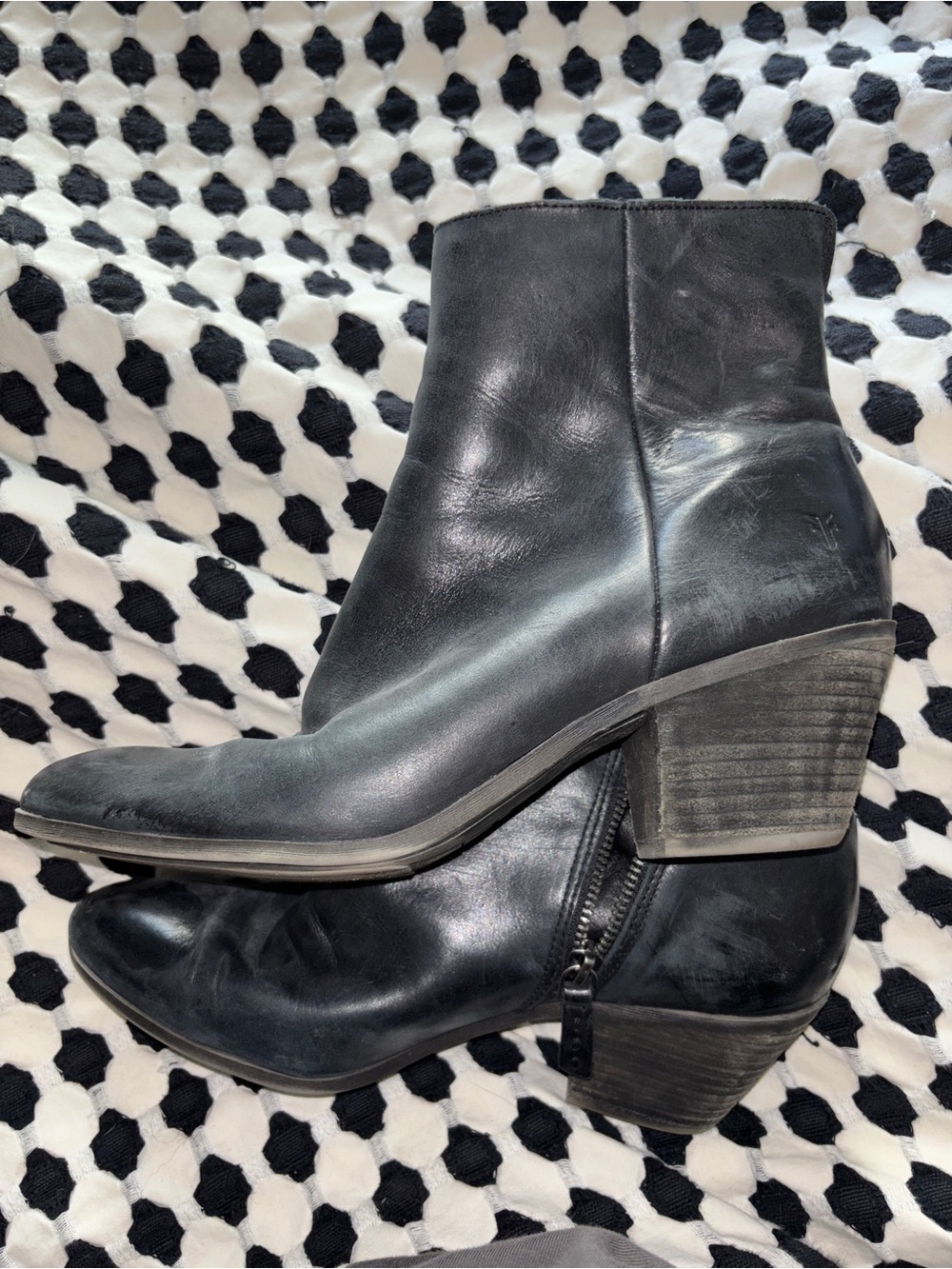 Frye Black Leather Ankle Booties with Stacked Heel